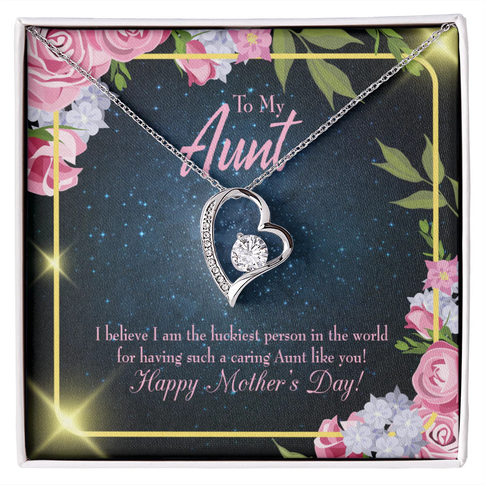 Aunt Luckiest Aunt Forever Love CZ Heart Necklace White Gold Standard Box
